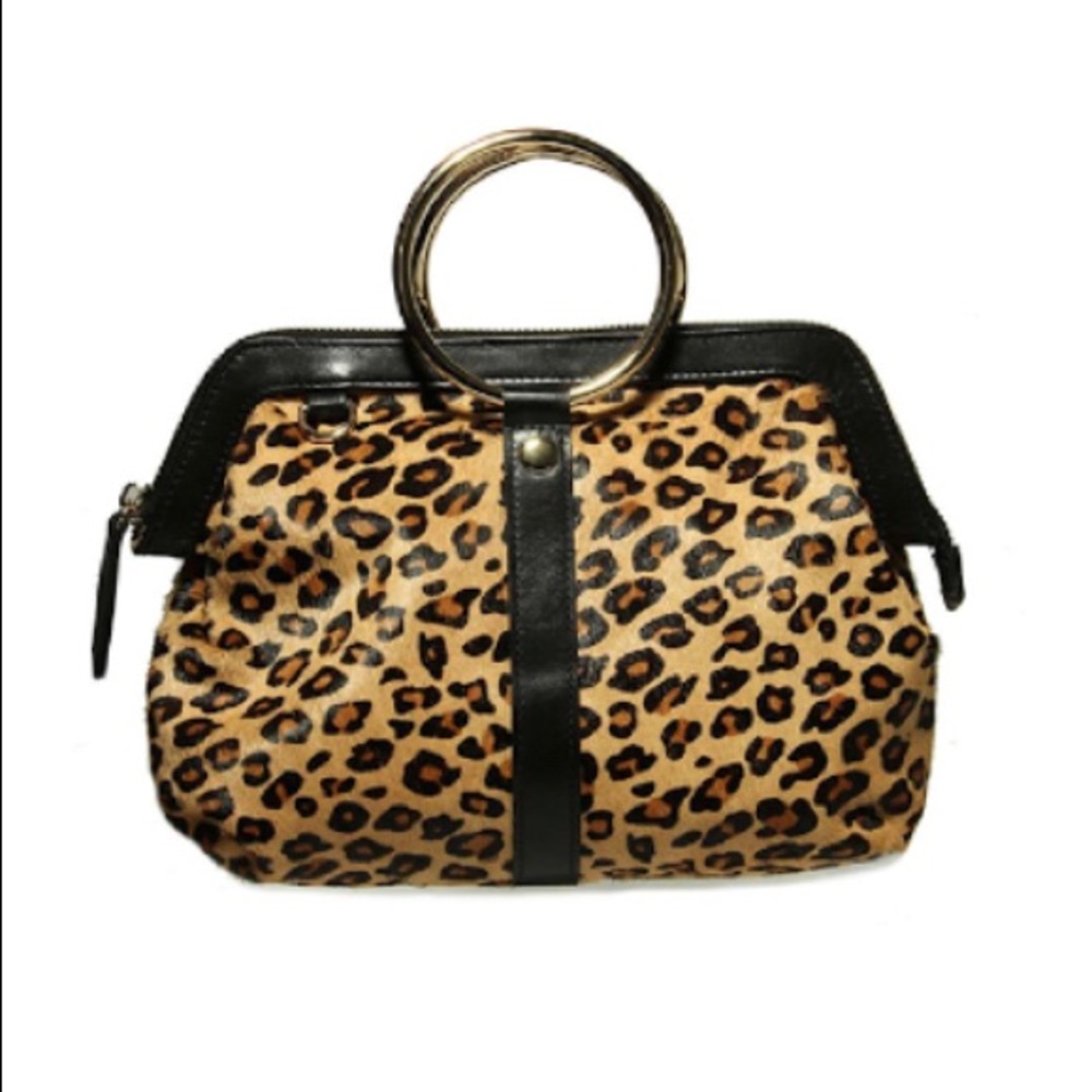 LAGGO Kiki Camel Dino Womens Animal Print Round Gold Handle Calf Hair Purse NEW
